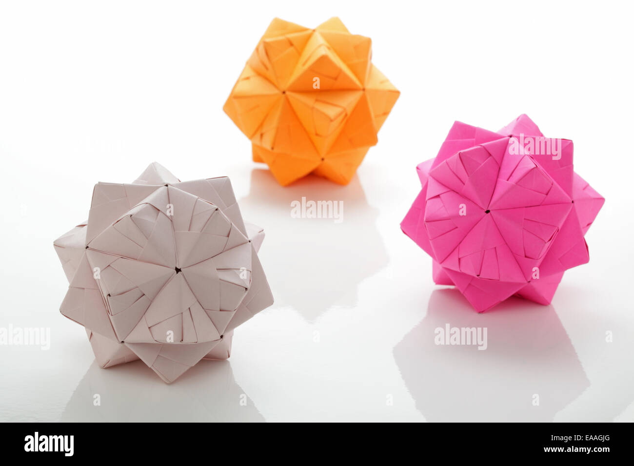 Three geometric modular origami multi-faceted balls Stock Photo