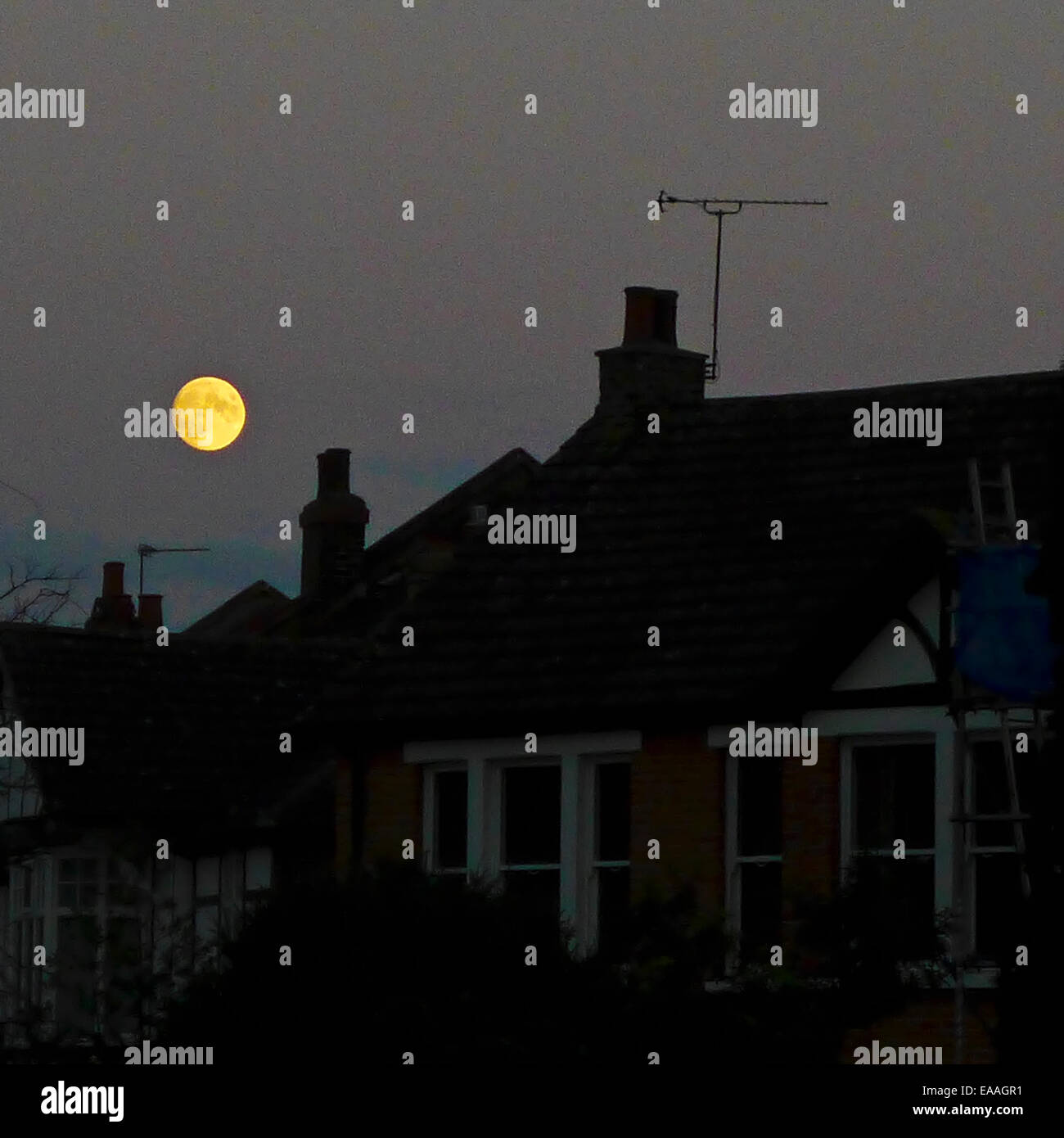 The full moon rising over houses in  Grosvenor Road, Wanstead, London E11 Stock Photo