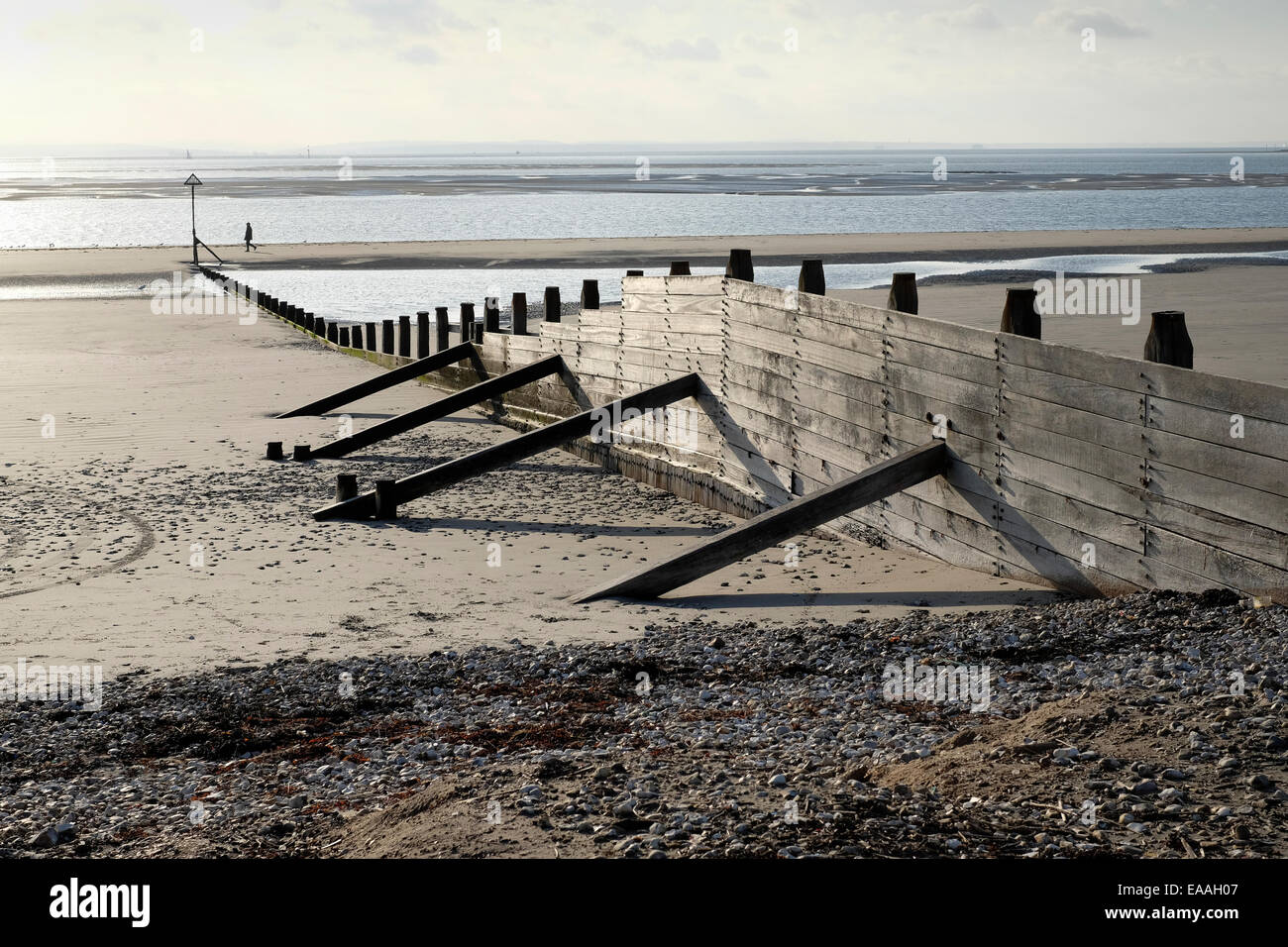 England, Sussex, West Wittering. Wooden groynes reduce longshore drift on open beaches. Stock Photo