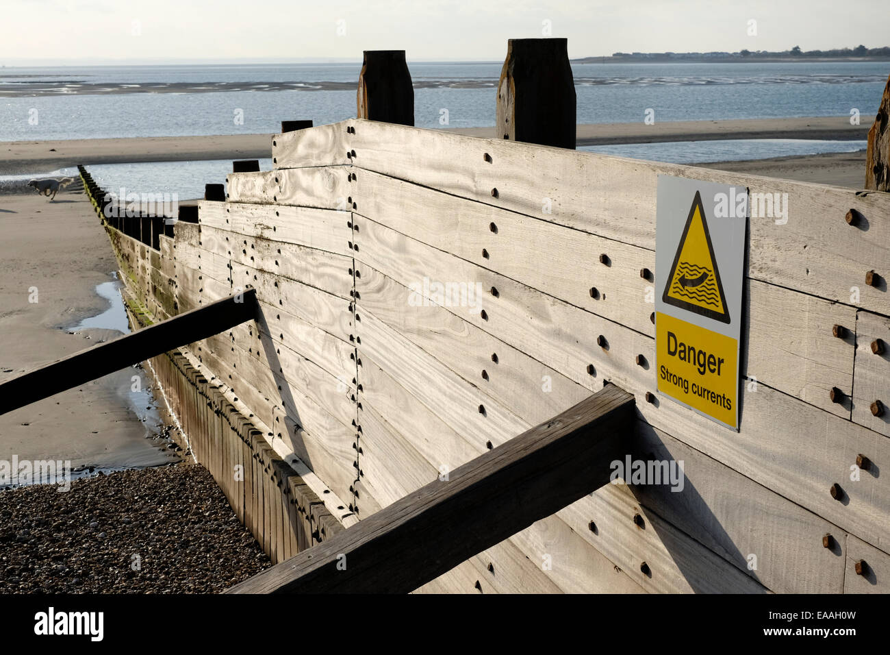England, Sussex, West Wittering. Wooden groynes reduce longshore drift on open beaches. Stock Photo