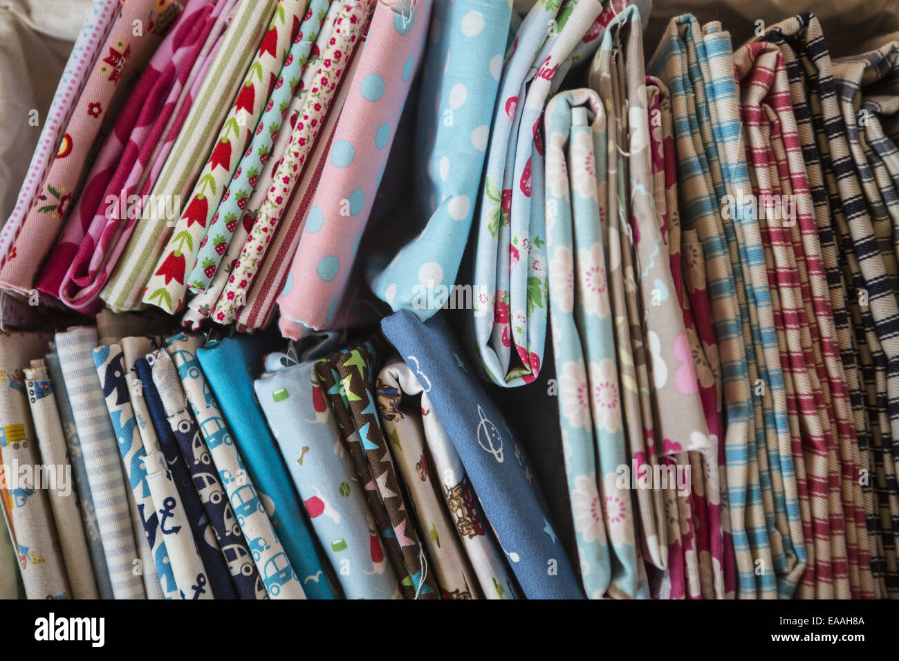 Selection of colourful sewing fabrics. Stock Photo