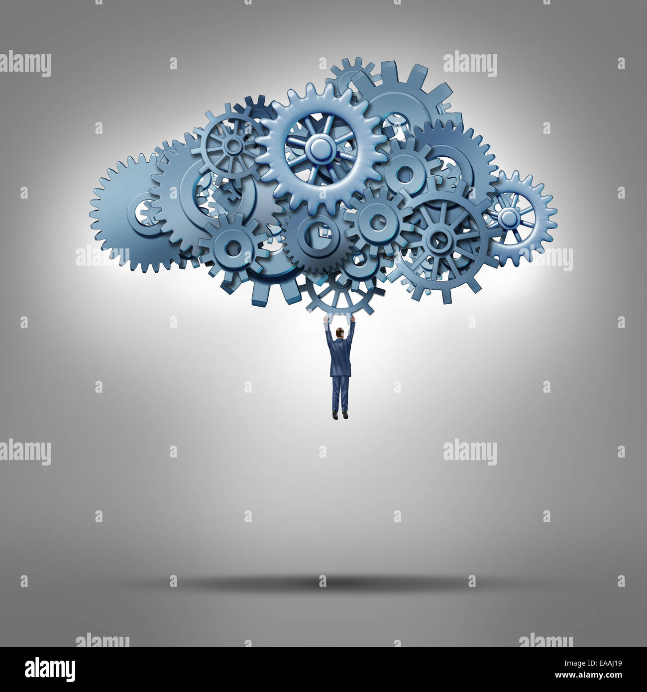 Cloud access and database hosting concept as a businessman hanging from a group of gears and cog wheels as a symbol for virtual Stock Photo