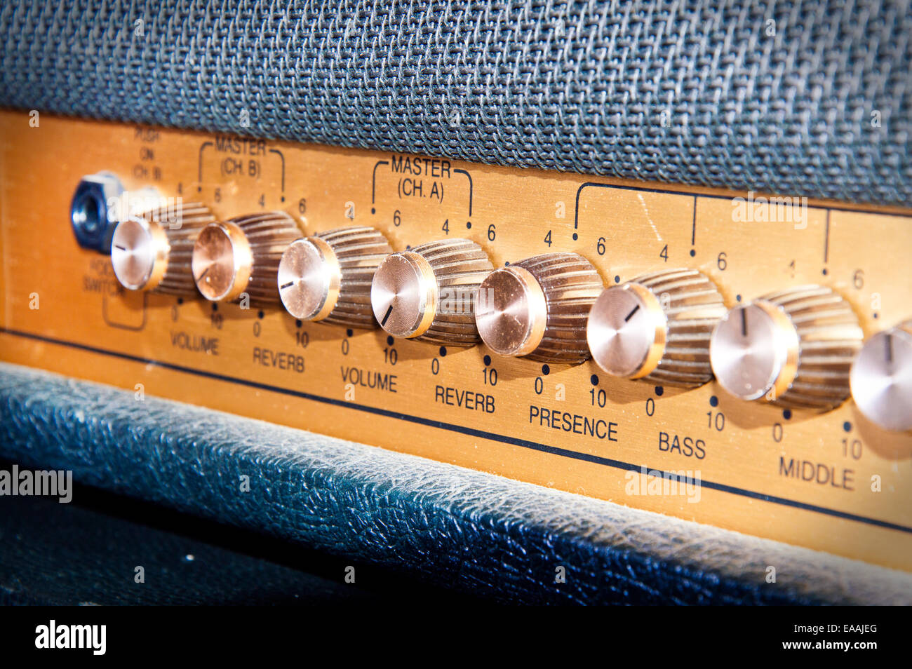 Sound volume controls of vintage guitar amplifier. Music and sound conceptual image. Stock Photo