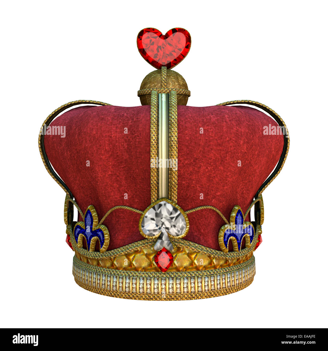 3D digital render of a red kings crown isolated on a blue sky background Stock Photo