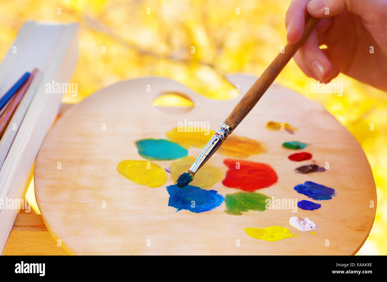 The artist mixes paint on the palette Stock Photo Alamy