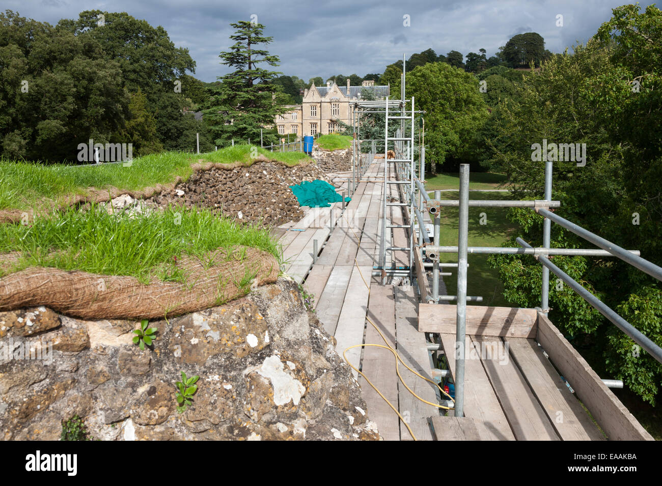 Scaffolding erected for the installation of turf to protect the ruined walls of Glastonbury Abbey, Somerset Stock Photo