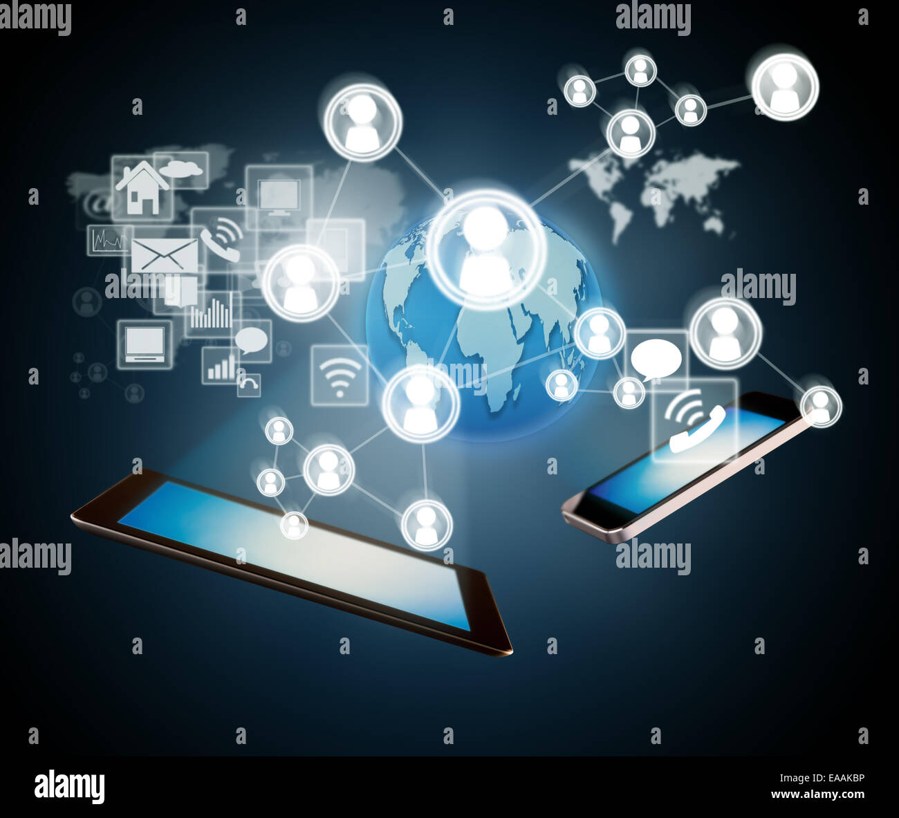 Technology concept with smart phone and tablet and virtual icons around Stock Photo
