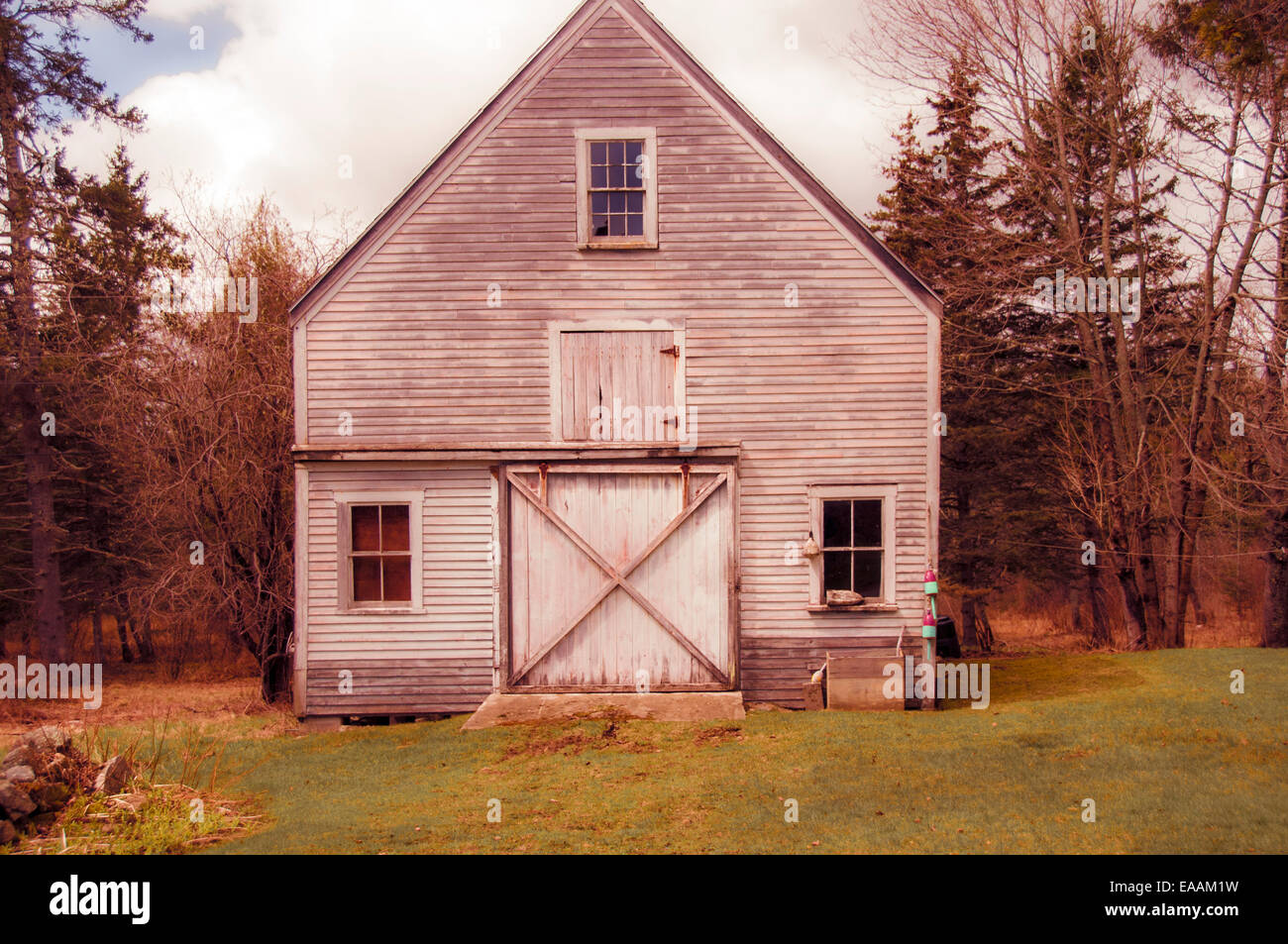 Rustic Old Maine Barn Large Barn Door Windows Wooded Area In