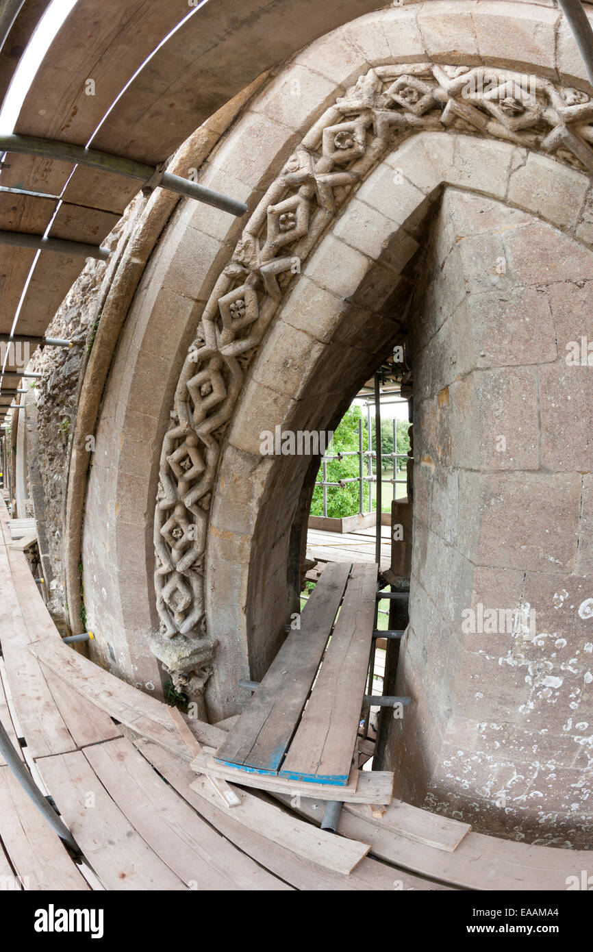 Scaffolding erected around the ruins of Glastonbury Abbey, Somerset Stock Photo