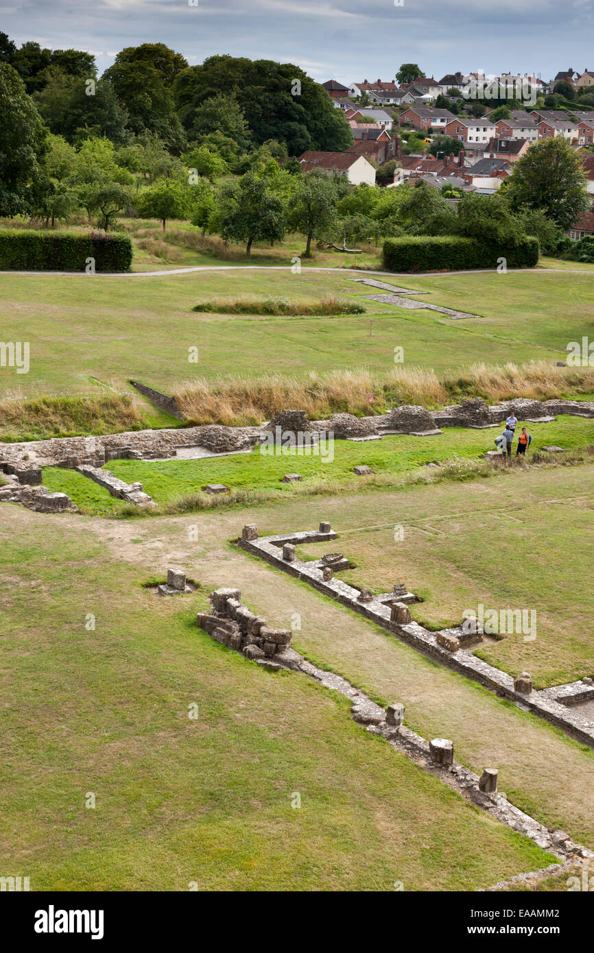 Elevated view of the ruined cloisters, Glastonbury Abbey, Somerset Stock Photo