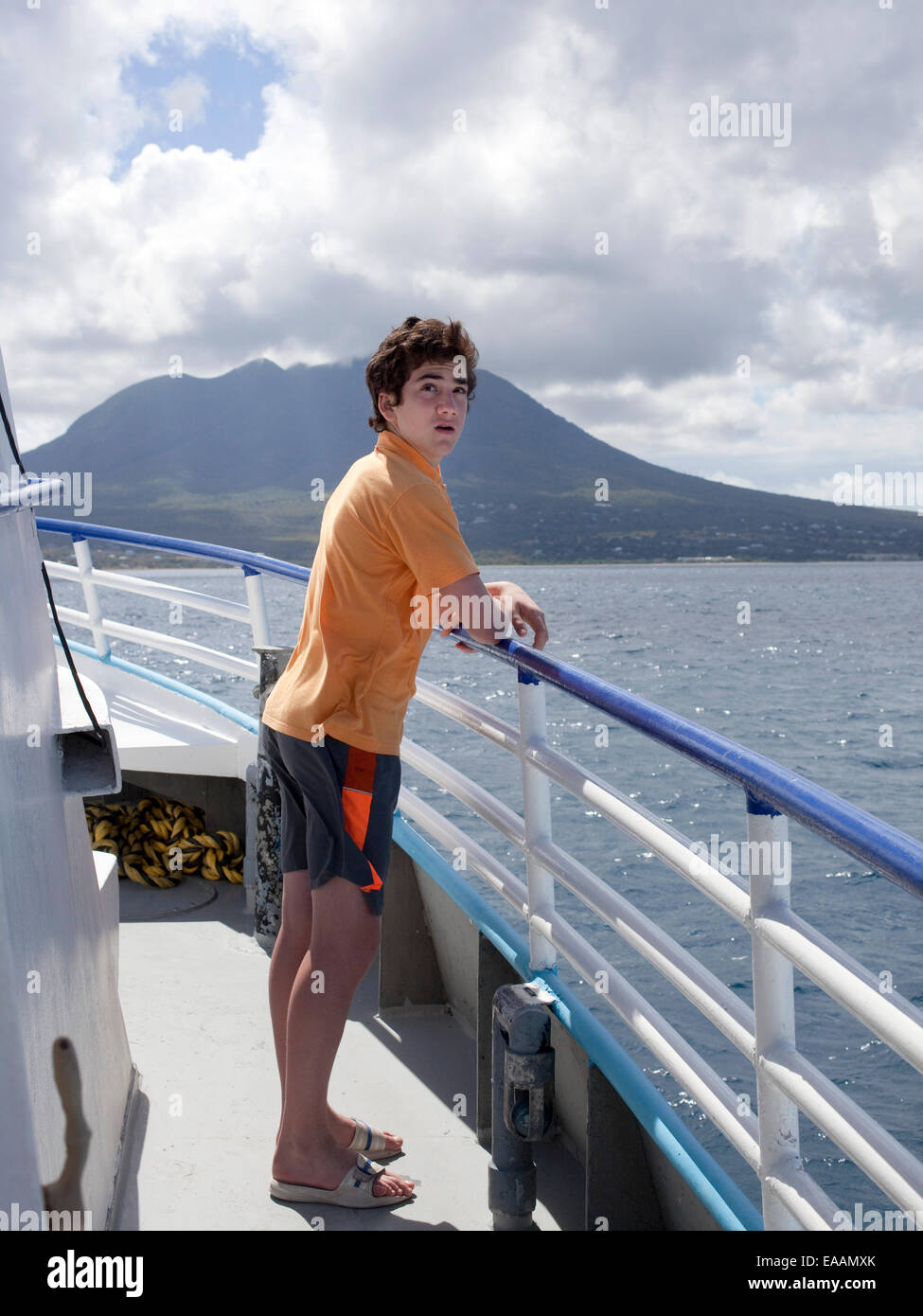 young man on ferry boat Stock Photo