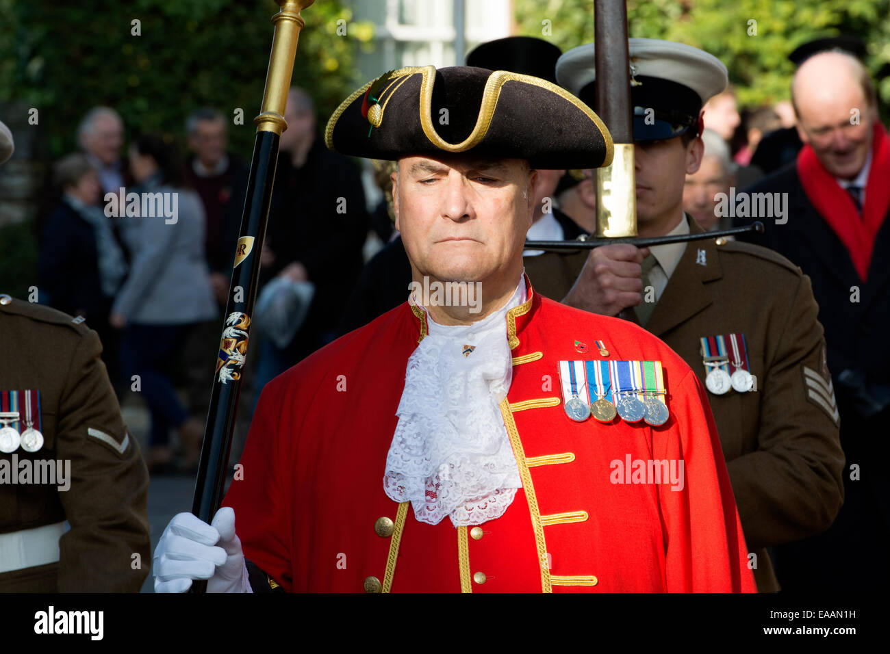 Stratford-upon-Avon Remembrance Sunday parade. The Town Crier in the parade. Stock Photo