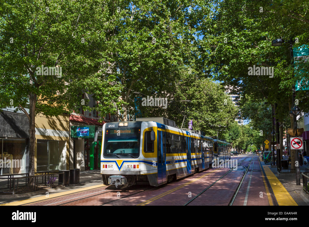 Tram on K Street in downtown Sacramento, California, USA Stock Photo