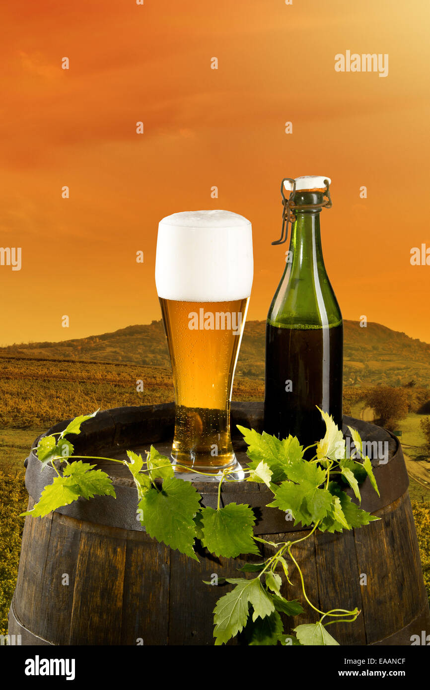 Beer keg with glass of beer on rural countryside background Stock Photo
