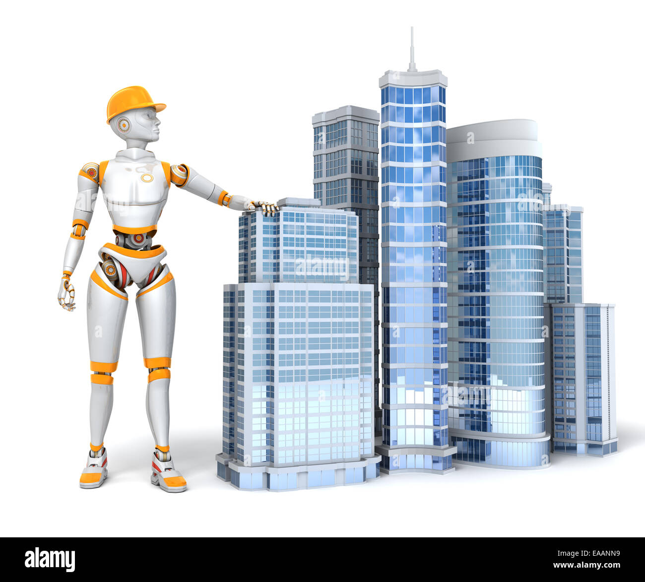 Android and office buildings on white background Stock Photo Alamy