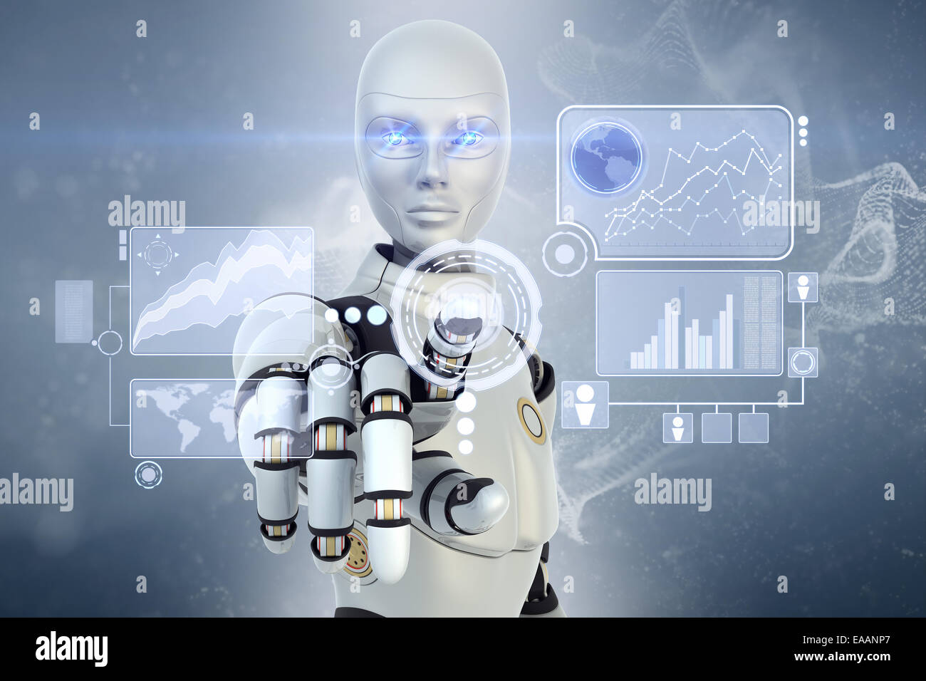 Robot is working with touchscreen Stock Photo