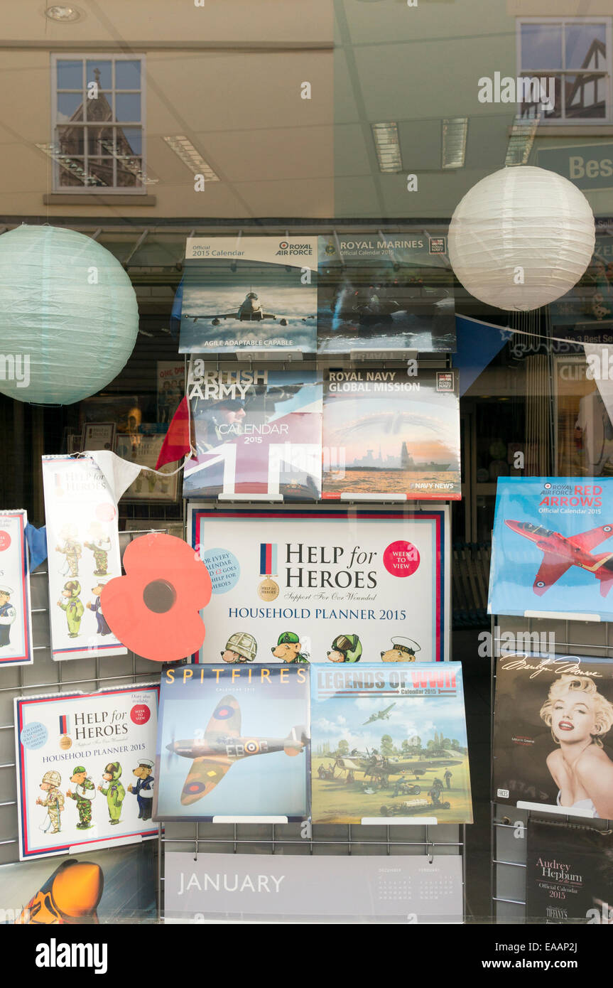 Help for Heroes year planner and calendars displayed in UK shop window