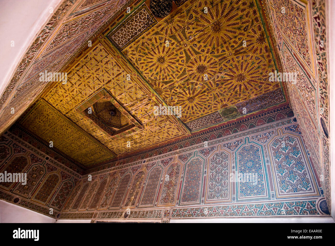 Horizontal close up of the beautiful ornate ceiling inside Kasbah Taourirt in Ouarzazate. Stock Photo