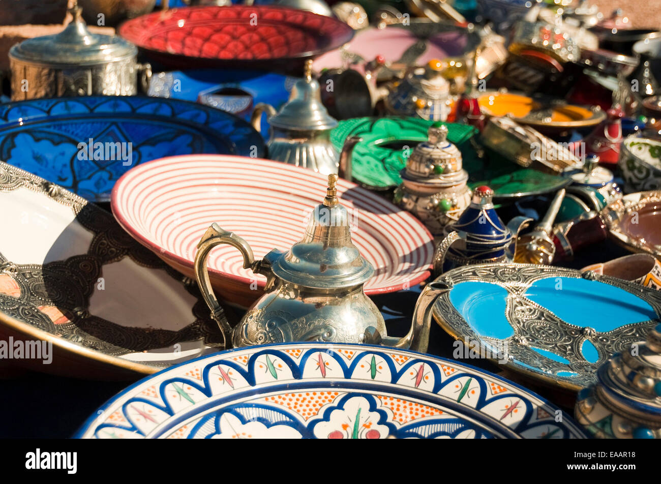 Horizontal close up of traditional gifts and handicrafts on sale on the roadside in Morocco. Stock Photo