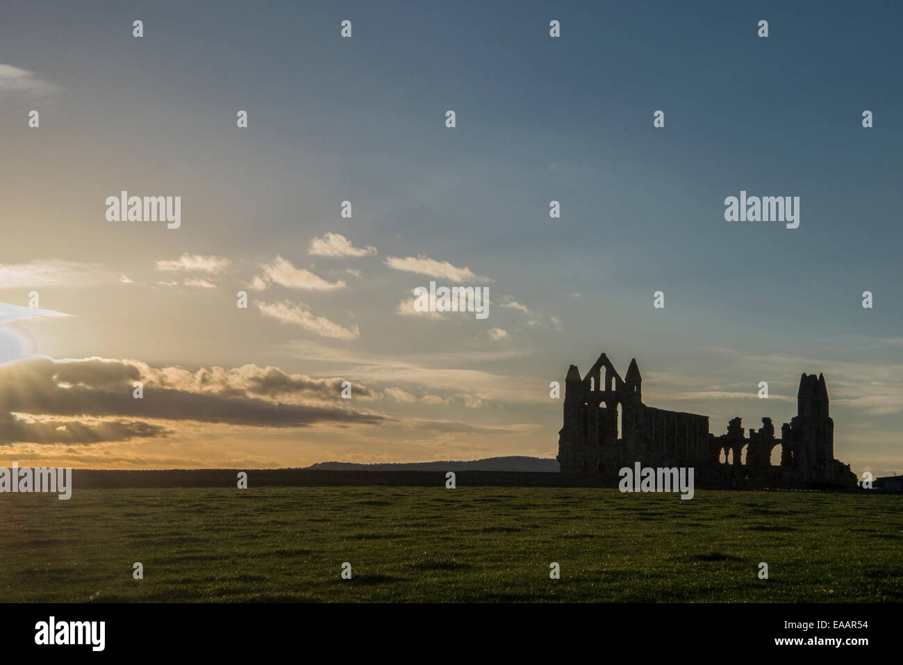 Ancient Benedictine Whitby Abbey in silhouette, North Yorkshire, England. Stock Photo
