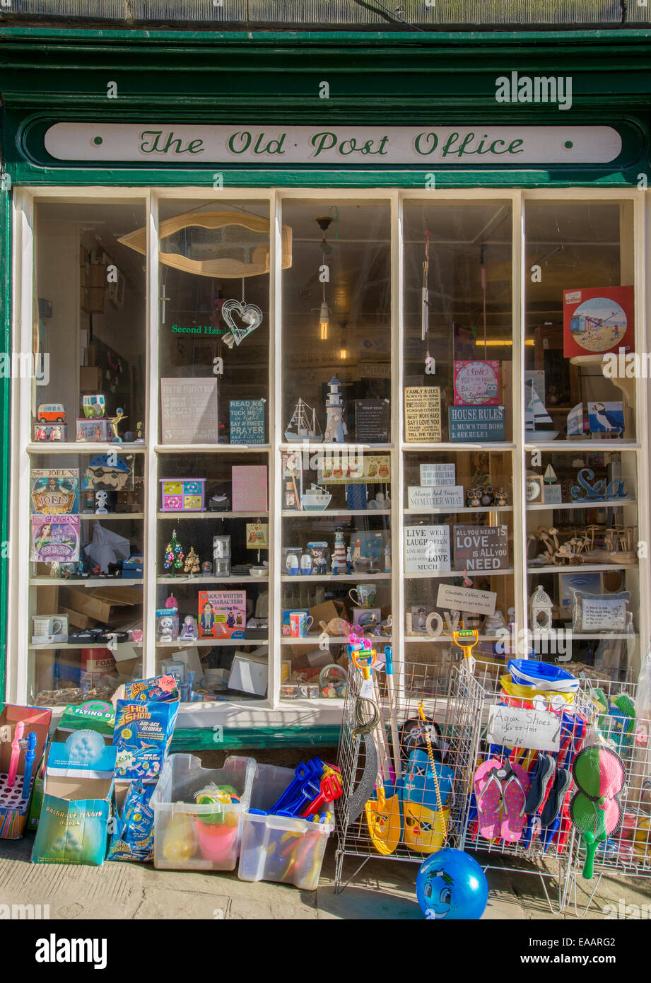 Old Post Office with children's holiday toys in Robin Hoods Bay, North Yorkshire Stock Photo