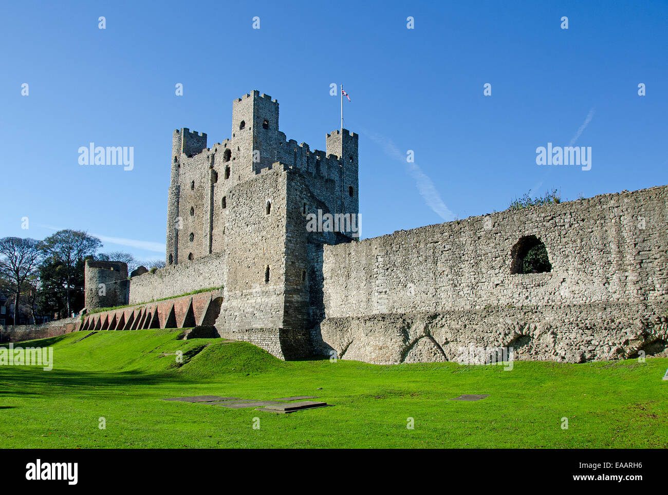The south-east wall of Rochester Castle, seen from Boley Hill. Stock Photo