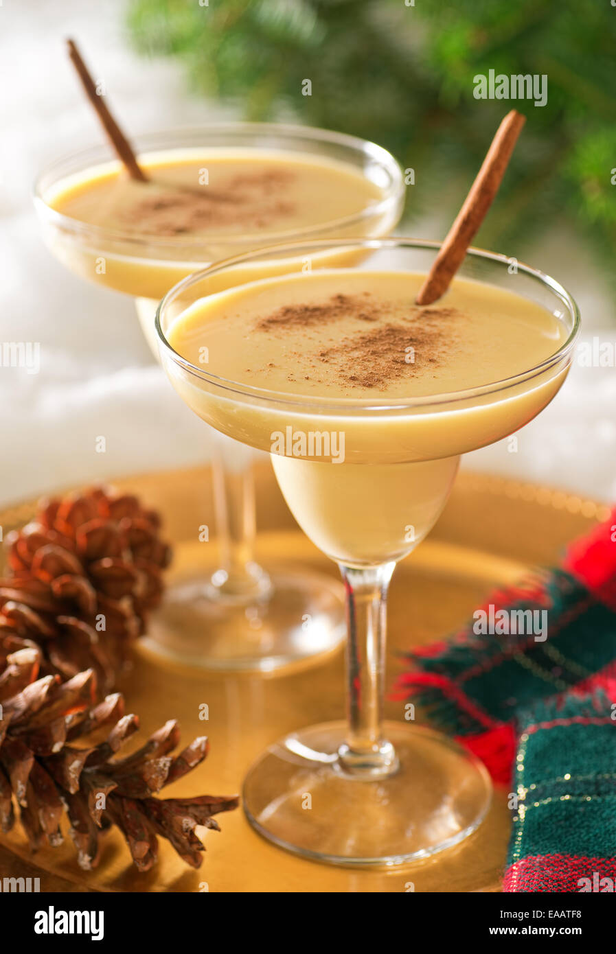 Two delicious eggnog cocktails with cinnamon sticks and cinnamon