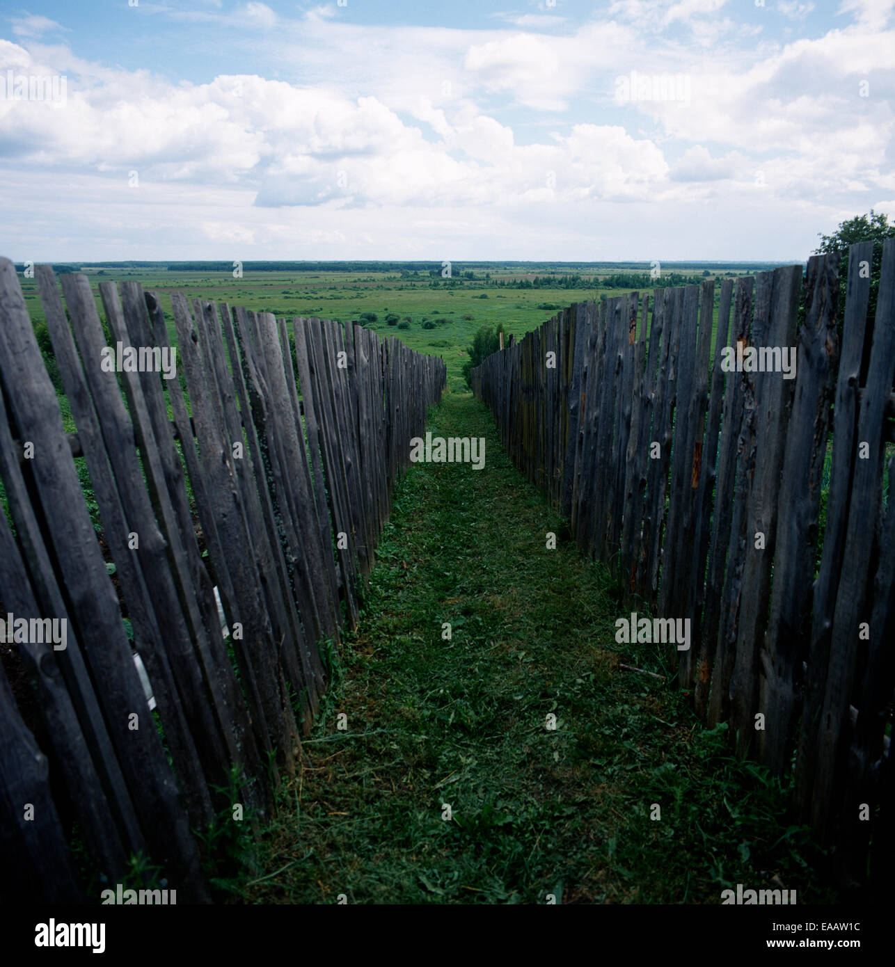 A path between two wooden fences Stock Photo