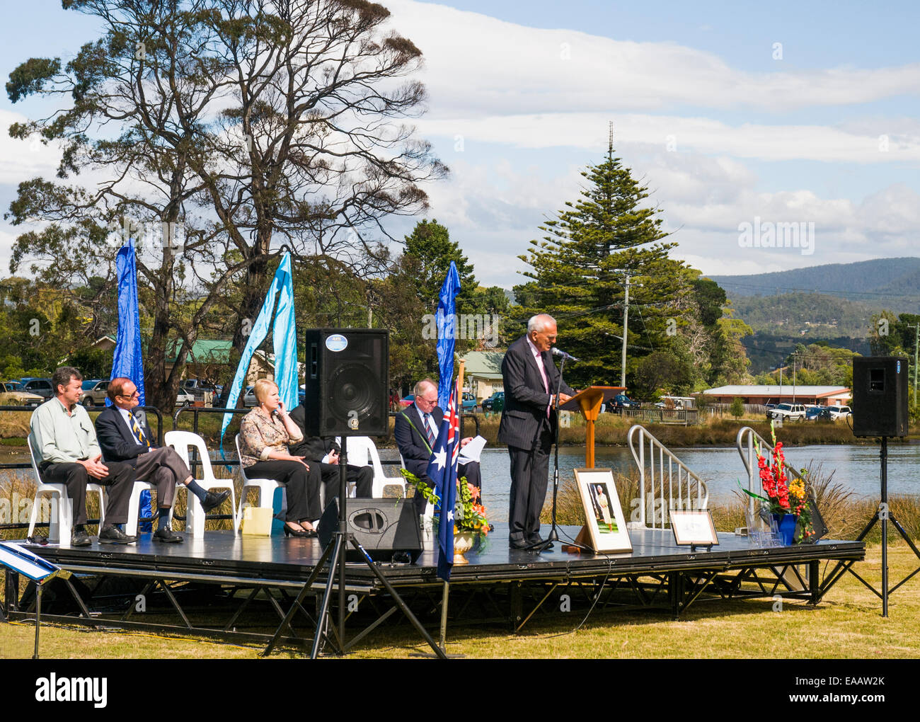 Local dignitary speaking at an Australian citizenship ceremony on Australia Day in Kingston, Tasmania Stock Photo