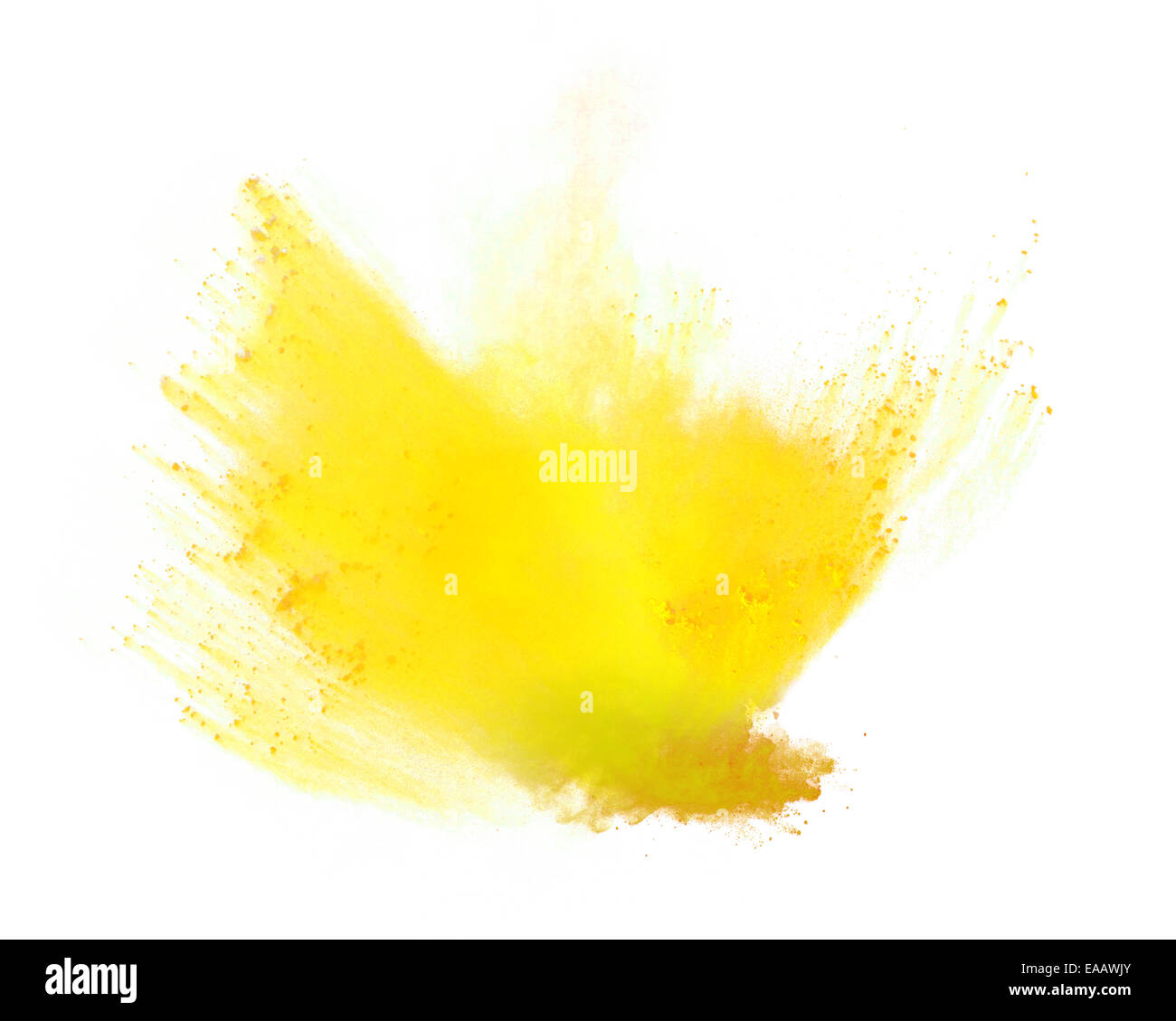 Freeze motion of yellow dust explosion isolated on white background