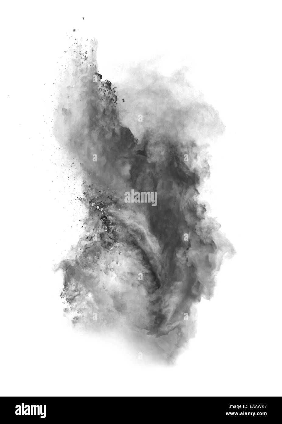 Freeze motion of black dust explosion isolated on white background Stock Photo