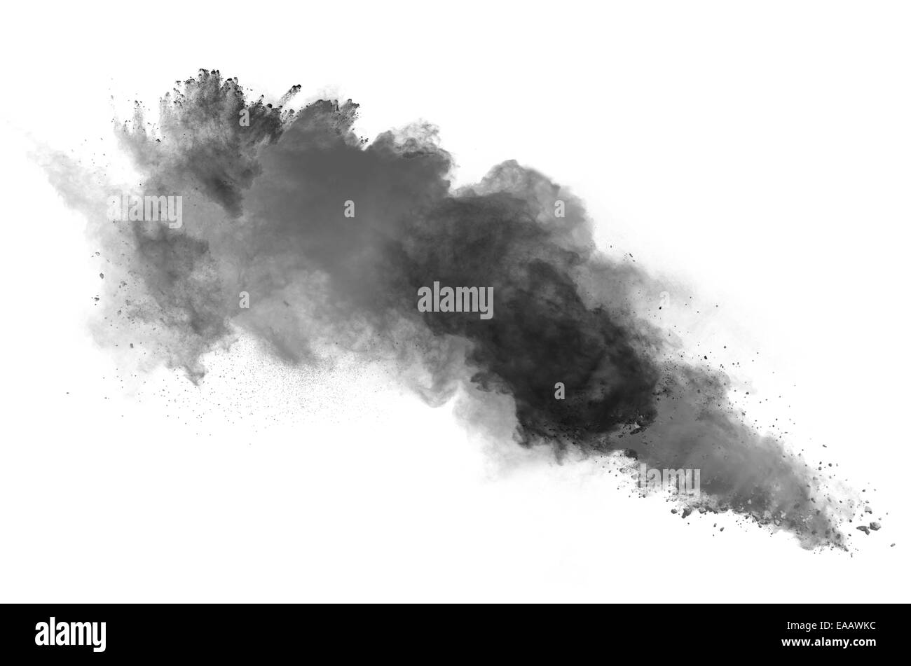 Freeze motion of black dust explosion isolated on white background Stock Photo