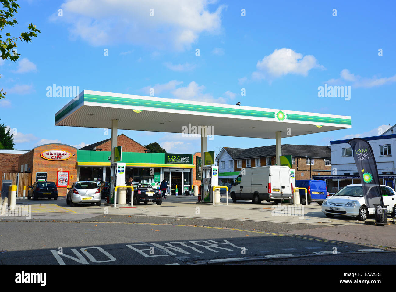 BP Garage with M&S store, The Parade, Bourne End, Buckinghamshire, England, United Kingdom Stock Photo