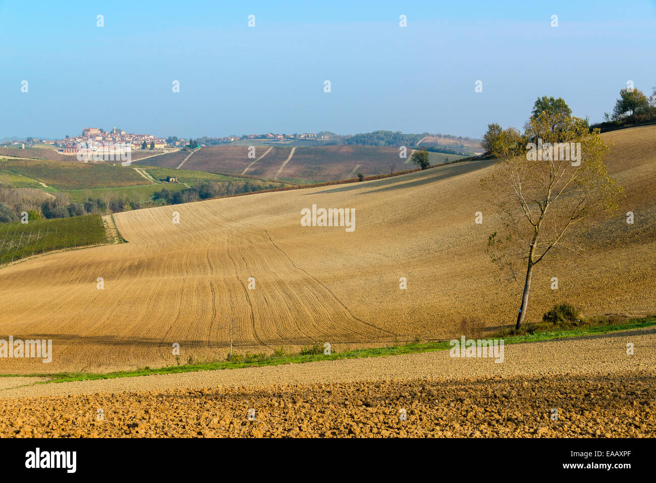 Pleasant landscape of the hills of Monferrato, a region of Piedmont well known for its wineyards and Unesco world heritage site Stock Photo