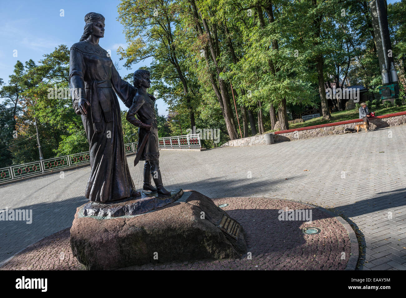 Monument to future Prince Vladimir the Great and his mother Malusha in Ostrovsky Park in Korosten city, Zhytomyr Oblast, Ukraine Stock Photo