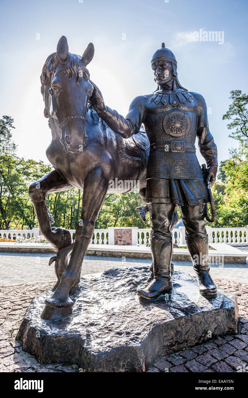 Dobrynya Nikitich (bogatyr from Kievan Rus era) monument in Ostrovsky Park in Korosten city, Zhytomyr Oblast, Ukraine Stock Photo