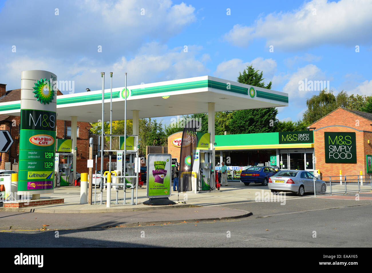 BP Garage with M&S store, The Parade, Bourne End, Buckinghamshire, England, United Kingdom Stock Photo