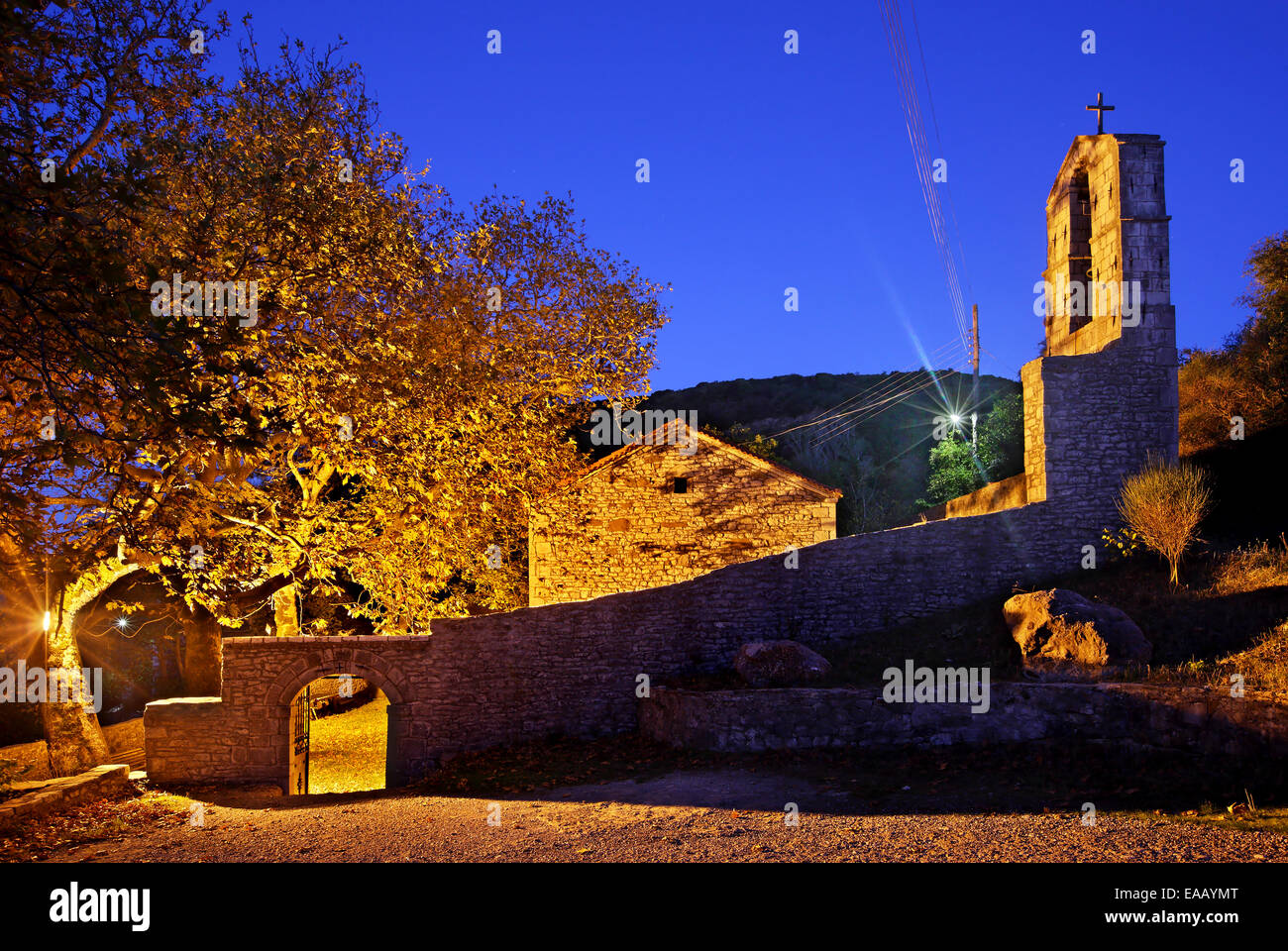 Beautiful old church at Andritsaina village, one of the most beautiful mountainous villages of Peloponnese. Ileia,  Greece. Stock Photo