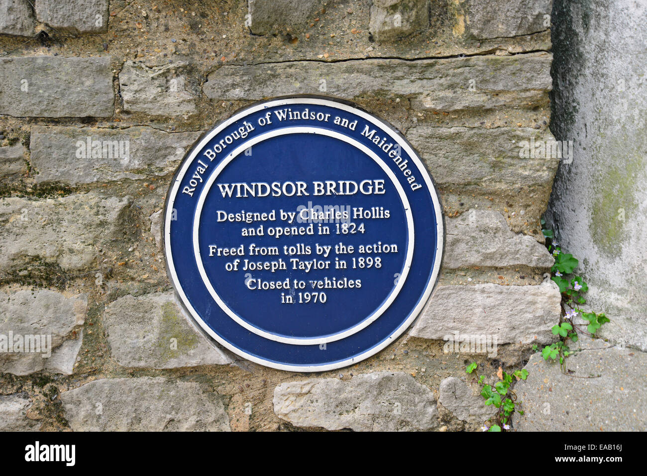 Blue plaque on Windsor Bridge, Thames Street, Windsor, Berkshire, England, United Kingdom Stock Photo