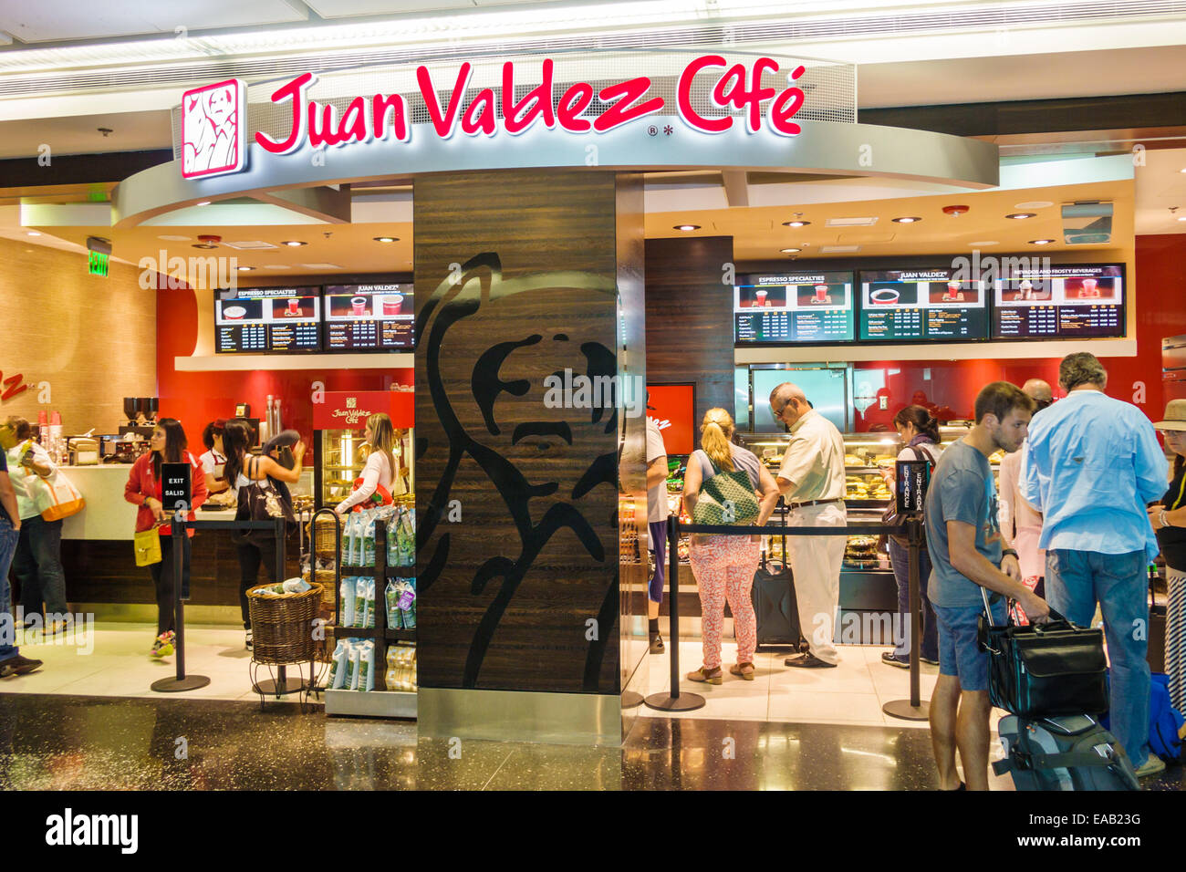 Miami Florida International Airport MIA,terminal,gate,Juan Valdez Cafe,coffee,barista,line,queue,FL140830008 Stock Photo