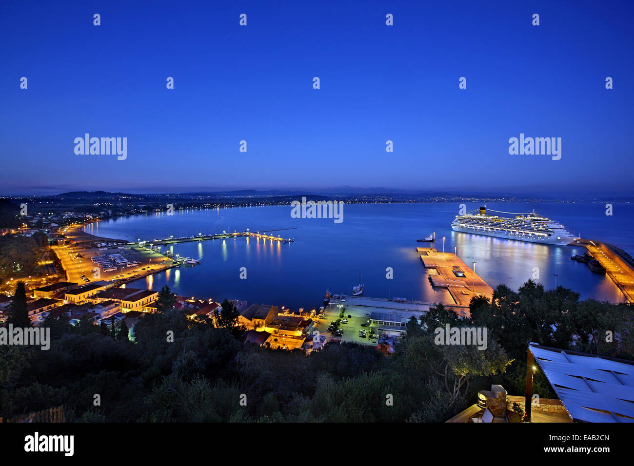 Cruise ship at the port of Katakolo, close to Ancient Olympia, Ileia, Peloponnese, Greece. Stock Photo