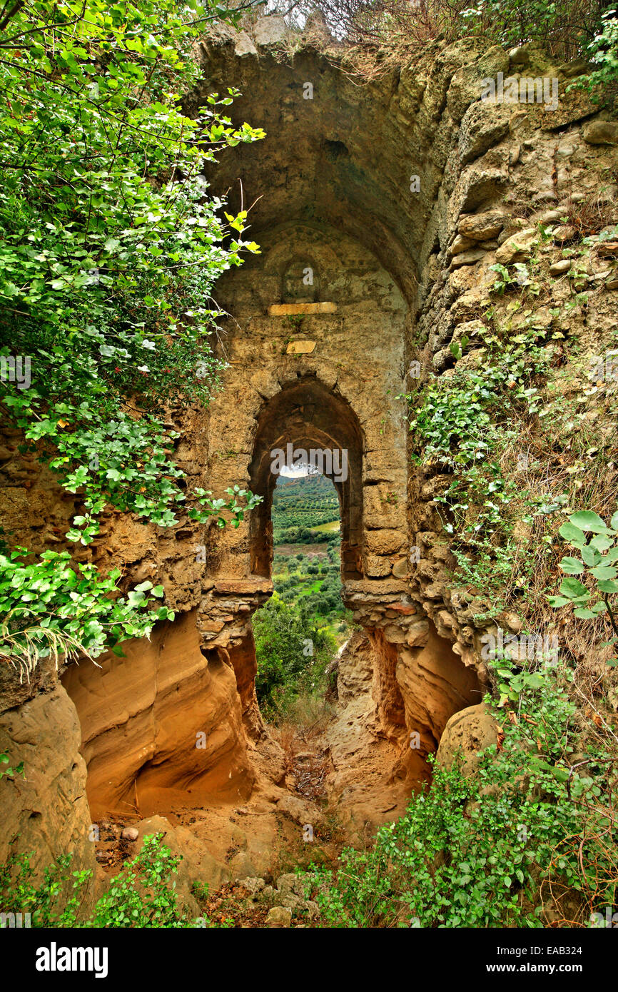 The gate of the forgotten medieval town of Olena, close to Oleni village, Ileia ('Elis'), Peloponnese, Greece. Stock Photo