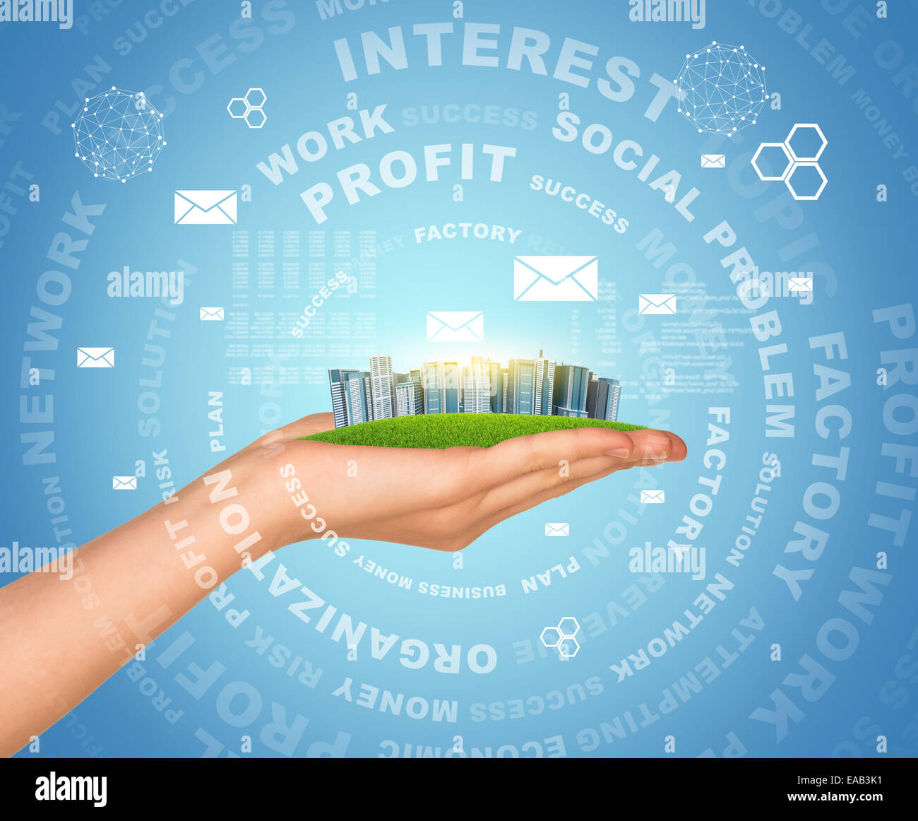 Hand holds city of skyscrapers and business words Stock Photo - Alamy