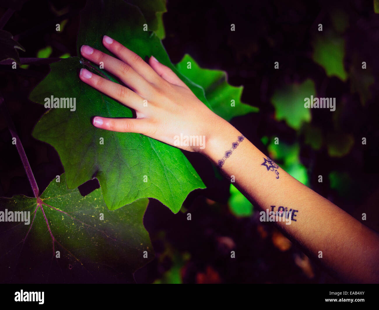Girl with temporary tattoo places hand on leaf Stock Photo