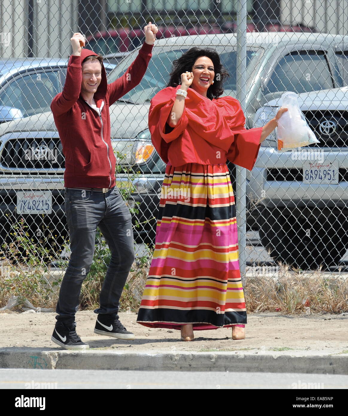 Andy Samberg reunites with Maya Rudolph to film a funny skit for the season  finale of Saturday Night Live in downtown Los Angeles. The Brooklyn nine  nine star wore a classic Wilt