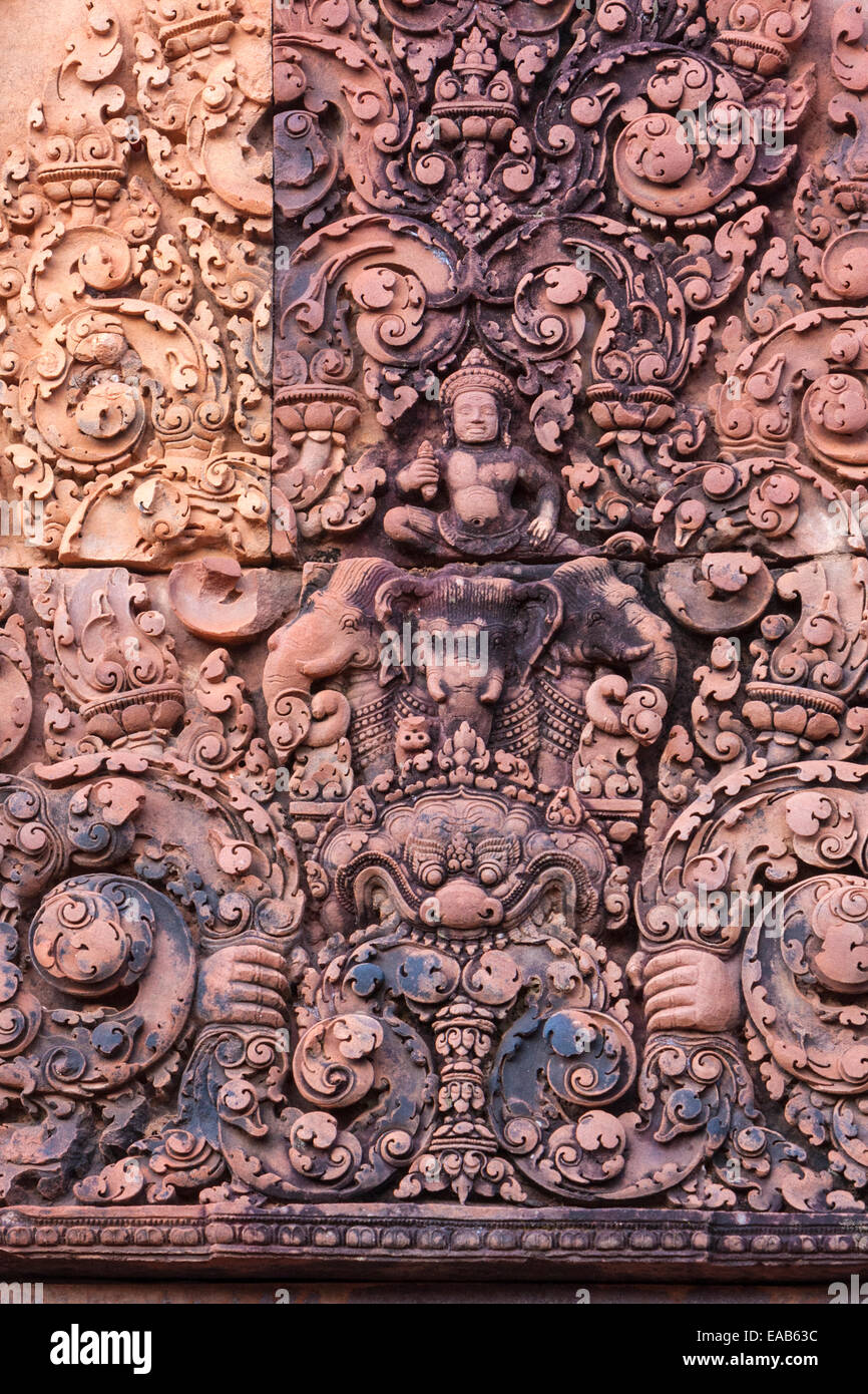 Cambodia, Banteay Srei.  Indra Riding Airavata, a Three-headed Elephant. Stock Photo