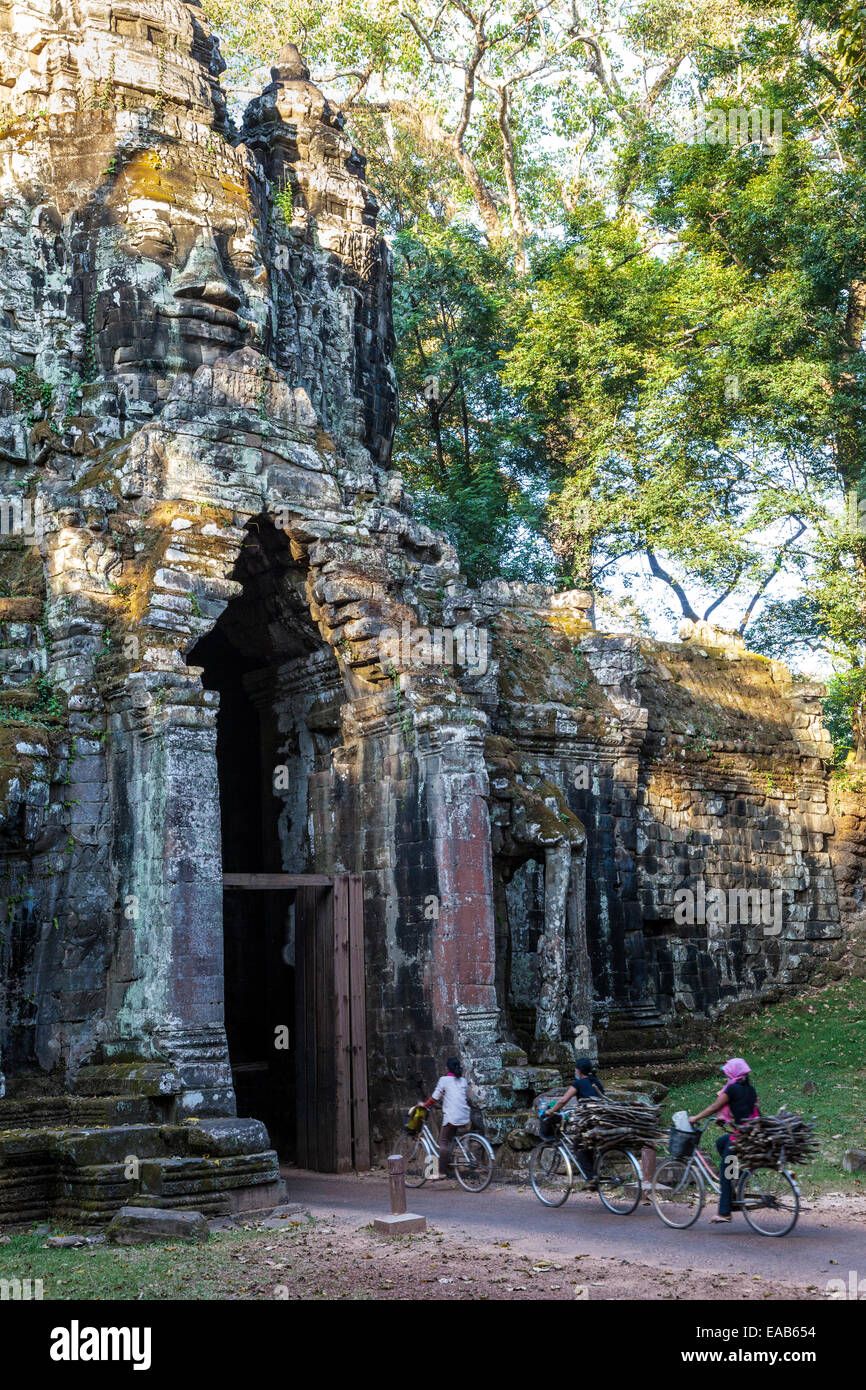 Cambodia.  North Gate, Angkor Thom.  Women Carrying Firewood Home at the end of the Day. Stock Photo