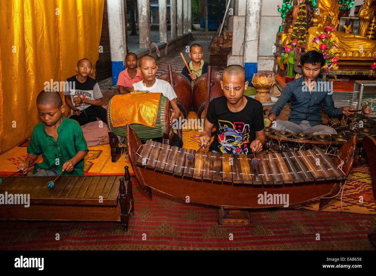 Cambodia, Angkor Wat.  Young Boys' Orchestra. Stock Photo