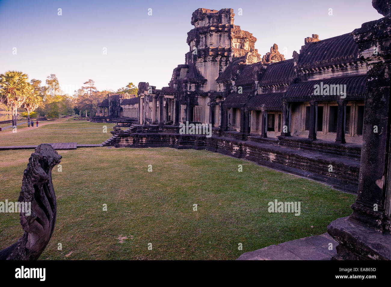 Cambodia, Angkor Wat, Early Morning.  Naga (Mythical Hindu Serpent) in Lower Left. Stock Photo