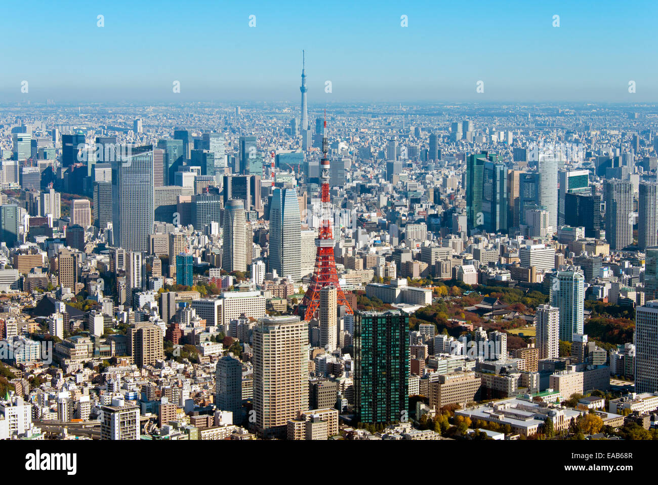 Tokyo Tower and Tokyo Skytree Aerial Shoot in Tokyo, Japan Stock Photo